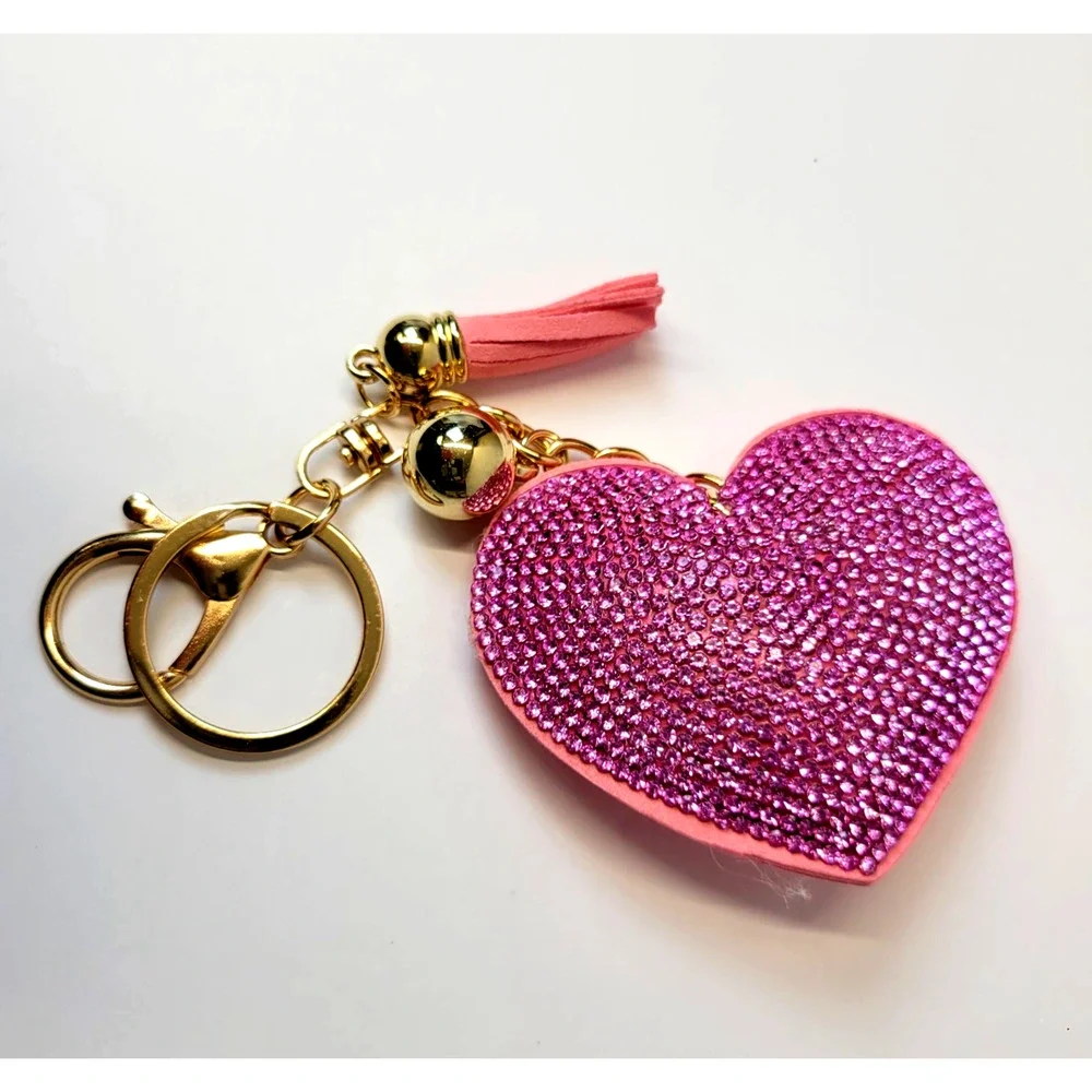 Heart‎ Rhinestone Bling Keychain Tassel Pink Tone Purse Bag Charm Gift Cute New